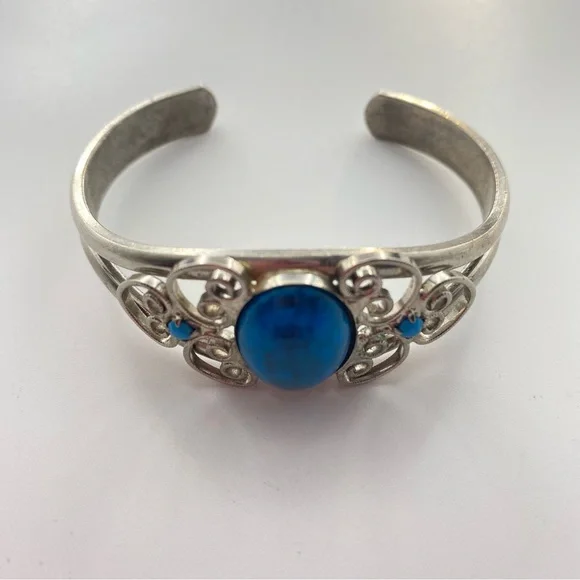 Artisan Silver tone Cuff Bracelet with Blue/Turquoise Cabachon Accents 6.5” - Picture 2 of 10